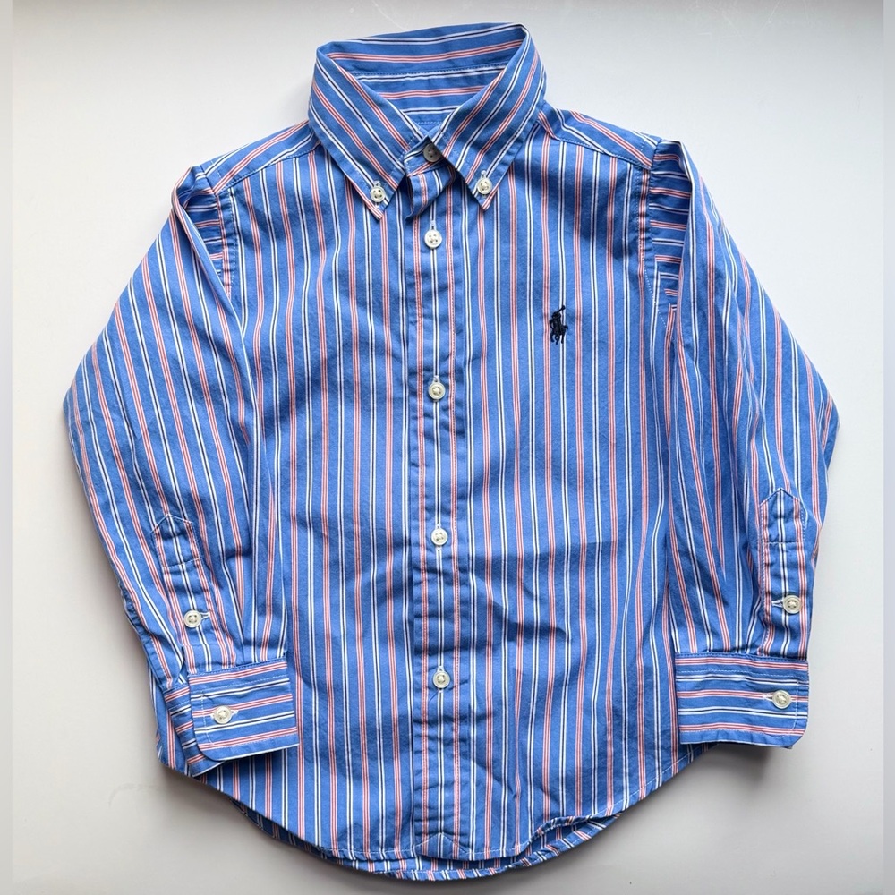 Ralph Lauren Toddler Boy's Button Down Dress Shirt Size 2T 2 Blue Stripe White